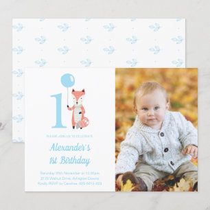 Whimsical Fox & Balloon Blue 1st Birthday Photo Invitation