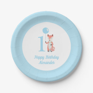 Whimsical Fox & Balloon Blue Happy Birthday 1st Paper Plate