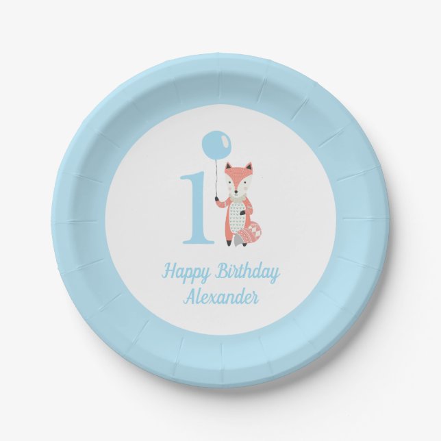Whimsical Fox & Balloon Blue Happy Birthday 1st Paper Plate (Front)