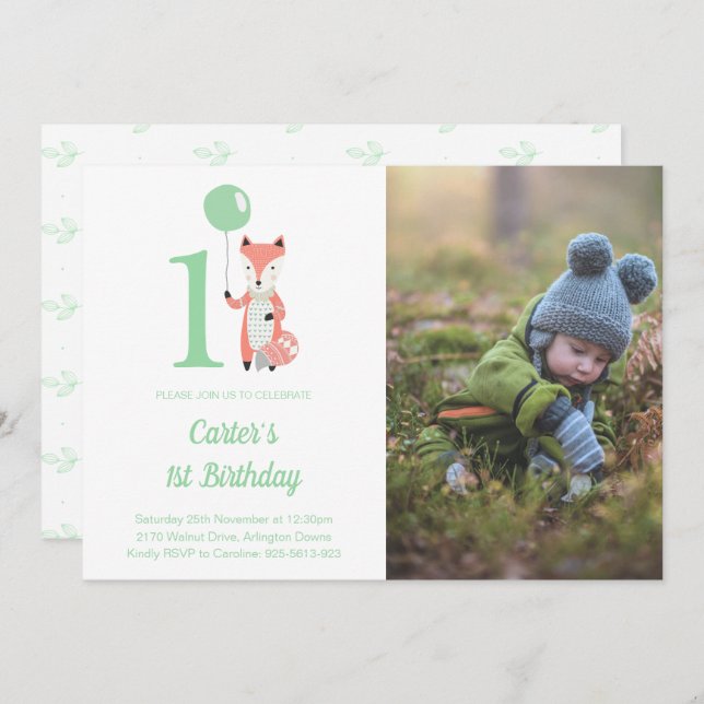 Whimsical Fox & Balloon Green 1st Birthday Photo Invitation (Front/Back)