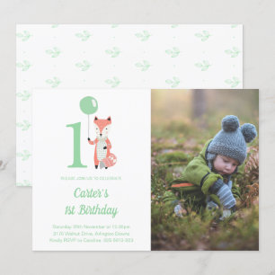 Whimsical Fox & Balloon Green 1st Birthday Photo Invitation