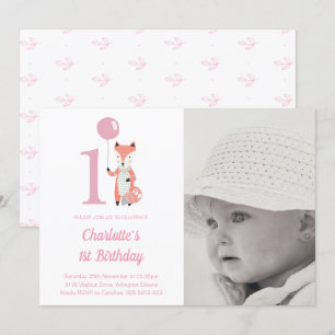 Whimsical Fox & Balloon Pink 1st Birthday Photo Invitation