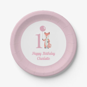 Whimsical Fox & Balloon Pink Happy Birthday 1st Paper Plate