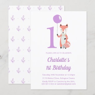 Whimsical Fox & Balloon Purple 1st Birthday Invitation