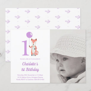 Whimsical Fox & Balloon Purple 1st Birthday Photo Invitation