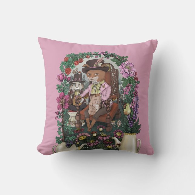 Whimsical Fox Mad Hatter Alice in Wonderland Art Throw Pillow (Front)
