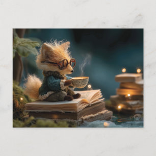 Whimsical Fox Reading Book and Drinking Tea Holiday Postcard