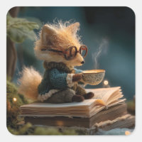 Whimsical Fox Reading Book and Drinking Tea