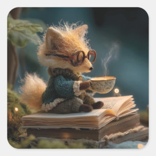 Whimsical Fox Reading Book and Drinking Tea Square Sticker