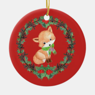 Whimsical Fox Wreath Personalized Ceramic Ornament