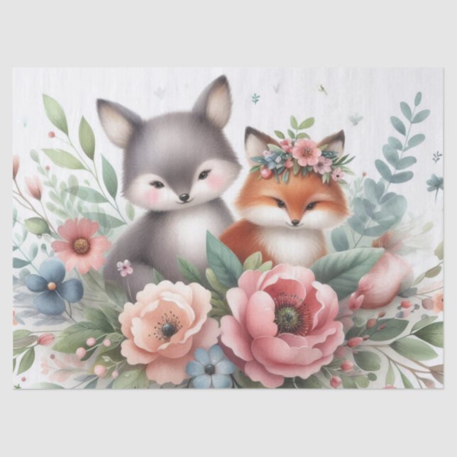 Whimsical Foxes flowers and Greenery Tissue Paper (Front)