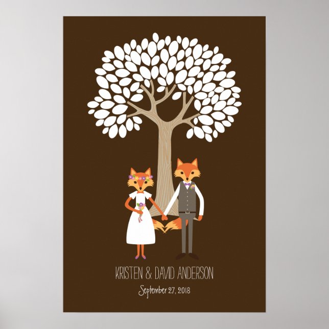 Whimsical Foxes Wedding Fingerprint Signature Tree Poster (Front)