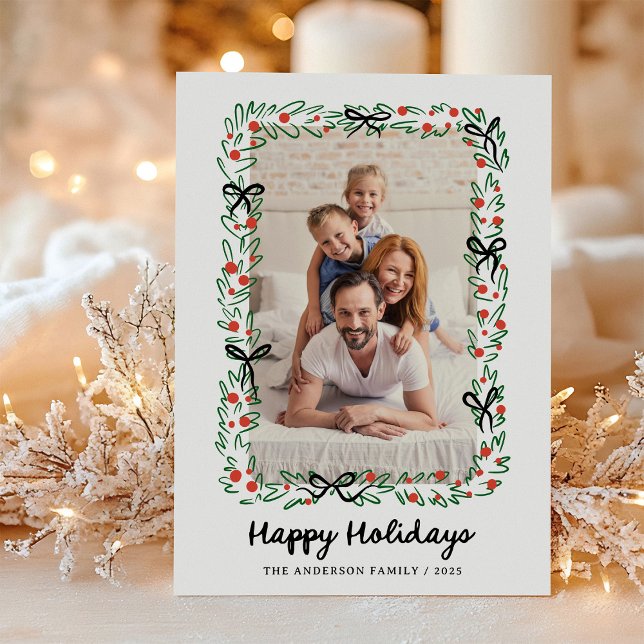 Whimsical Frame and Bow | Photo Happy Holidays Holiday Card (Creator Uploaded)