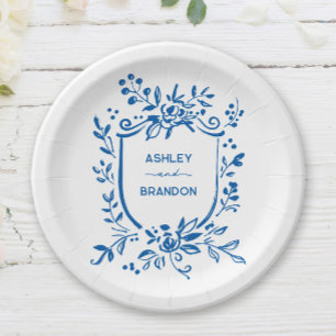 Whimsical French Blue Botanical Crest Wedding Paper Plate