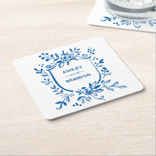 Whimsical French Blue Botanical Crest Wedding Square Paper Coaster