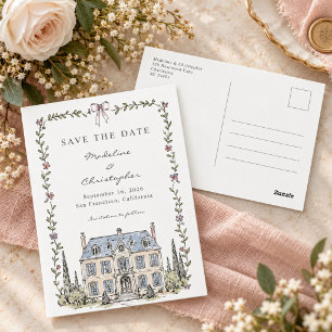 Whimsical French Chateau Wedding Save the Date Postcard