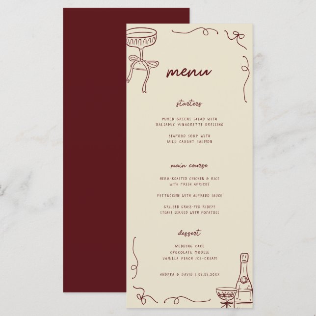 Whimsical French Fun Engagement Party or Wedding Menu (Front/Back)