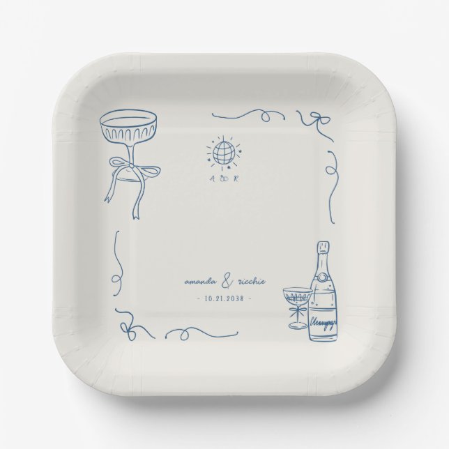 Whimsical French Fun Hand Drawn Engagement Party Paper Plate (Front)