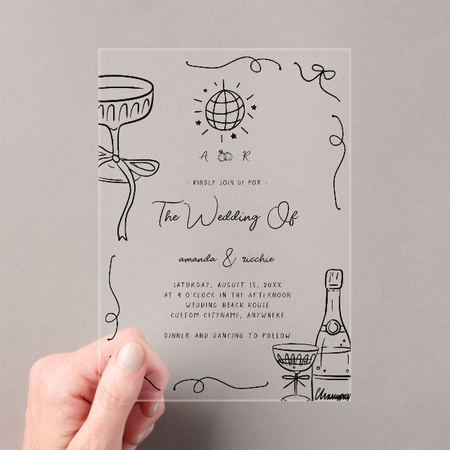 Whimsical French Fun Monogram Hand Drawn Wedding Acrylic Invitations (Insitu (Handheld))