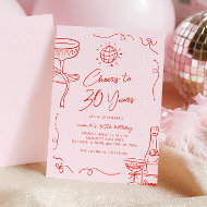 Whimsical French Hand Drawn Pink Red 30th Birthday Invitation
