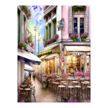 Whimsical French Street Cafe Poster, watercolour