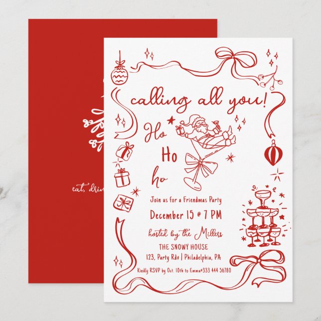 whimsical Friendmas party Santa cocktail Announcement (Front/Back)