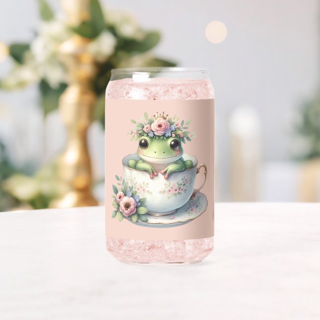 Whimsical Frog in Floral Teacup Can Glass (Insitu (Wedding))
