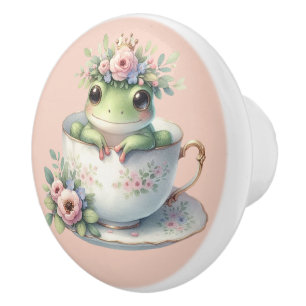 Whimsical Frog in Floral Teacup Ceramic Knob
