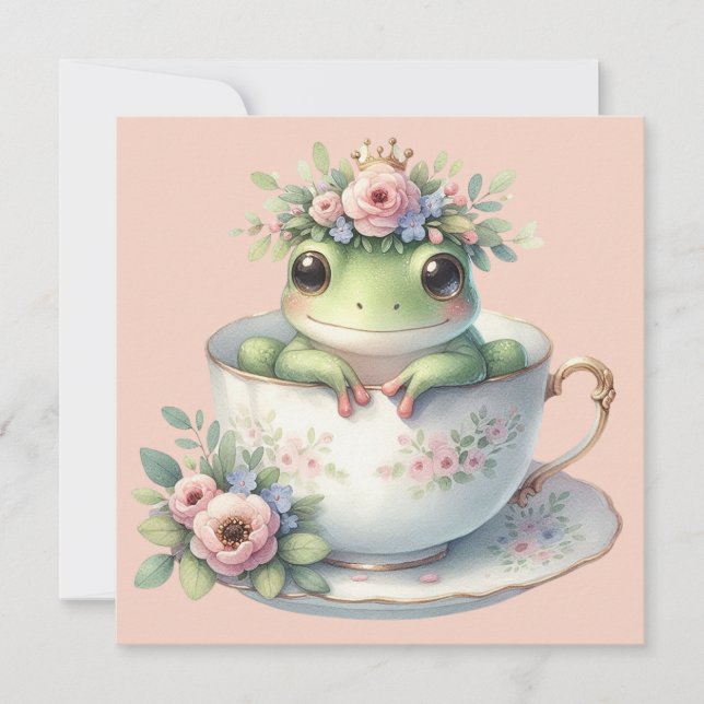 Whimsical Frog in Floral Teacup Flat Greeting Card (Front)