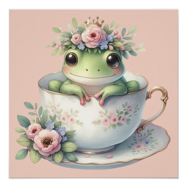 Whimsical Frog in Floral Teacup  Poster (Front)