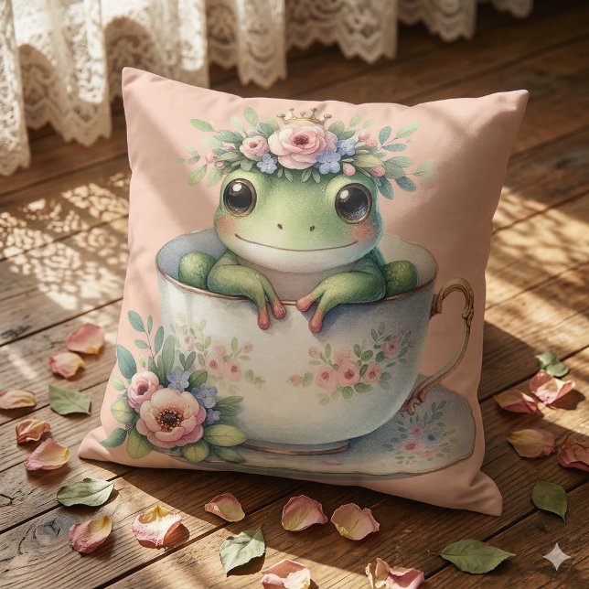 Whimsical Frog in Floral Teacup Throw Pillow (Whimsical Frog in Floral Teacup Throw Pillow Mockup B)