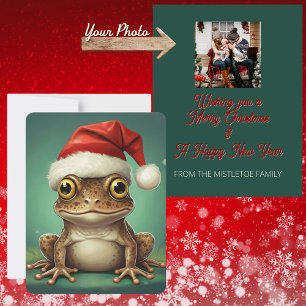 Whimsical Frog in Santa Hat Storybook Christmas Holiday Card