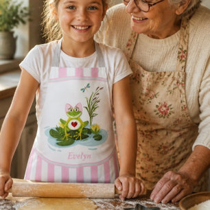 Whimsical Frog Pink Striped Personalized Kid Apron