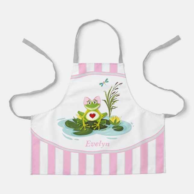 Whimsical Frog | Pink Striped Personalized Kid Apron (Front)
