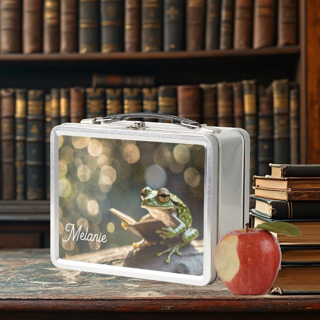 Whimsical Frog Reading Book Cottagecore Metal Lunch Box (Whimsical Dark Academia Reading Frog Library Metal Lunch Tin Student Lunch Box Study Break Snacks)