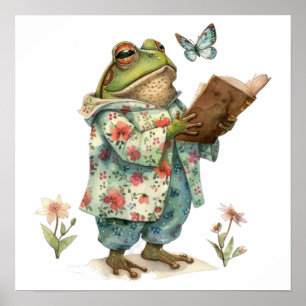 Whimsical frog reading book Small Poster
