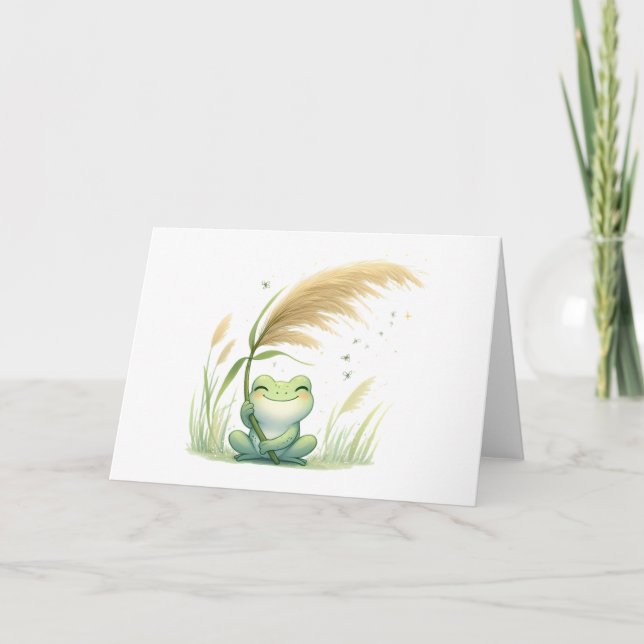 Whimsical Frog with Pampas Grass Blank Greeting Card (Front)