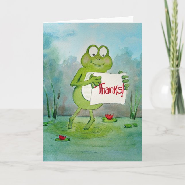 Whimsical Frog with Thanks Thank You Sign Funny Card (Front)