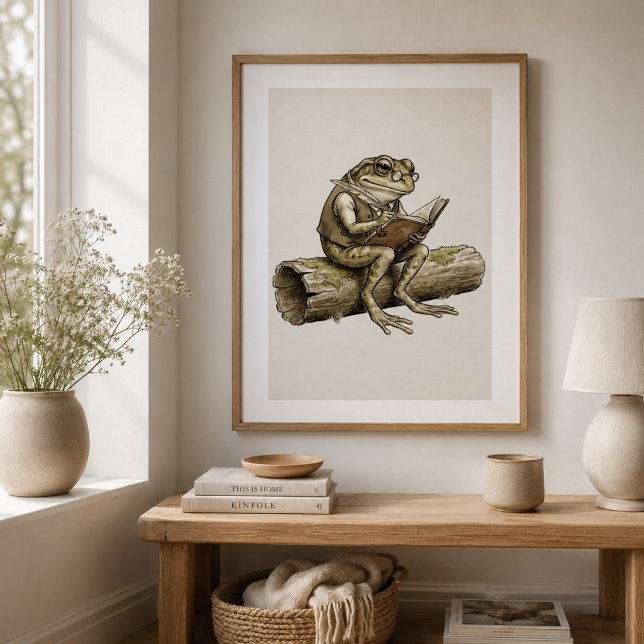 Whimsical Frog Writing on Log Vintage Poster (Creator Uploaded)