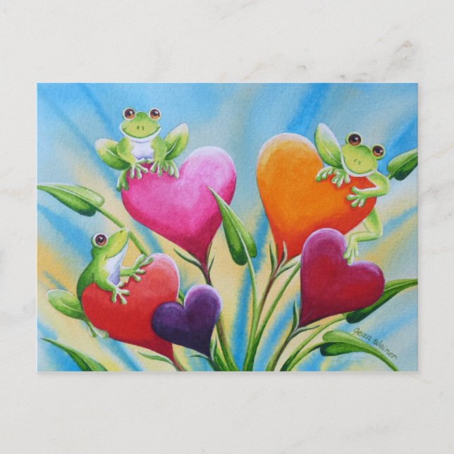 Whimsical Frogs and Hearts Watercolor Art Postcard (Front)