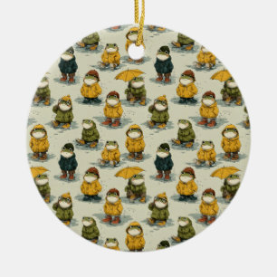 Whimsical Frogs in Raincoats Pattern Ceramic Ornament