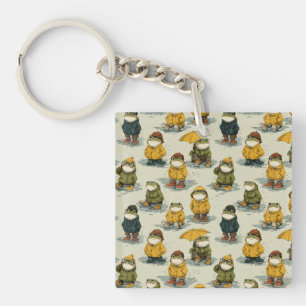 Whimsical Frogs in Raincoats Pattern Keychain