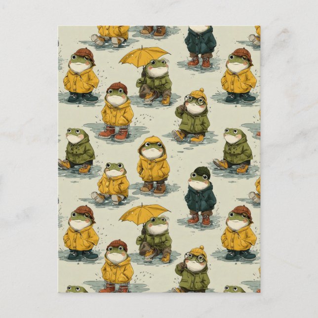 Whimsical Frogs in Raincoats Pattern Postcard (Front)