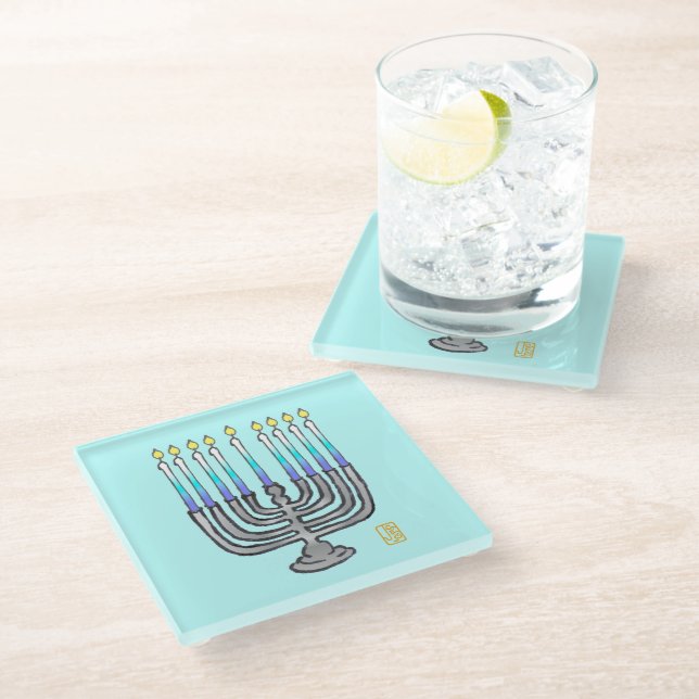 Whimsical Fully Lit Menorah Giftable Glass Coaster (Angled)