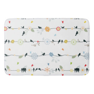Whimsical Fun Black Birds and Flowers Pattern Bath Mat