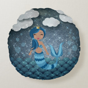 Whimsical Fun Blue and Turquoise Mermaid and Sea Round Pillow
