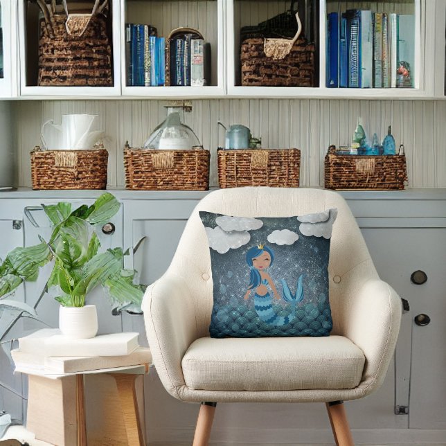 Whimsical Fun Blue and Turquoise Mermaid and Sea Throw Pillow (Creator Uploaded)