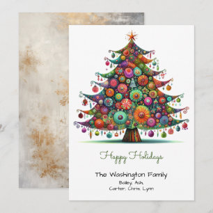 Whimsical Fun Christmas Tree Illustration Happy  Holiday Card
