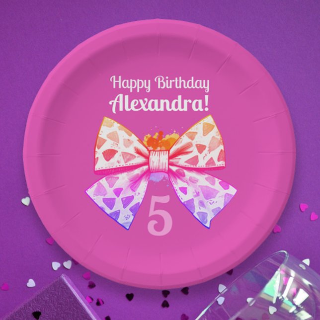 Whimsical Fun Girly Pink Colourful Bow Watercolor Paper Plate (Creator Uploaded)