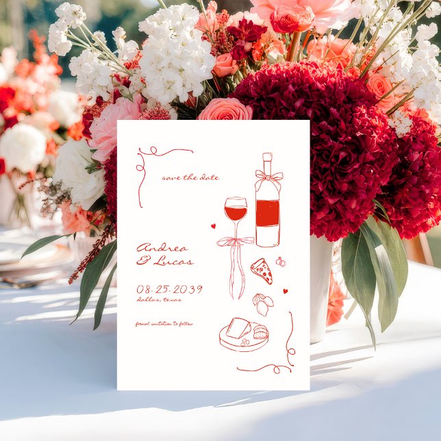 Whimsical Fun Hand Drawn Frame Wine Pizza Wedding Save The Date (Creator Uploaded)